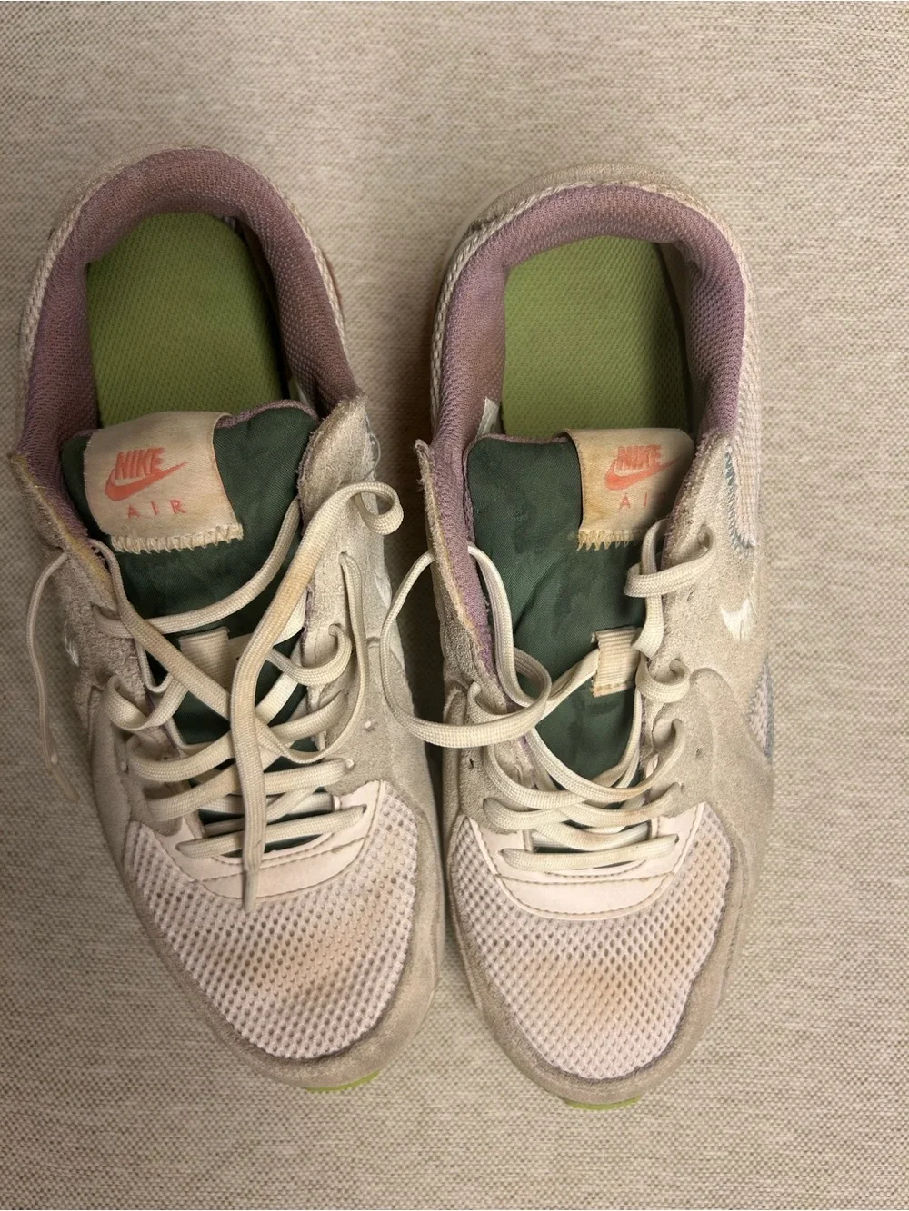 Nike Beige and Green Lace-Up Sneakers with Pink Lining